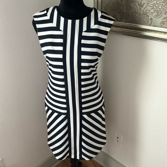 Taylor Dresses & Skirts - Taylor ivory dark blue geo stripes sleeveless fit silhouette dress Sz 4